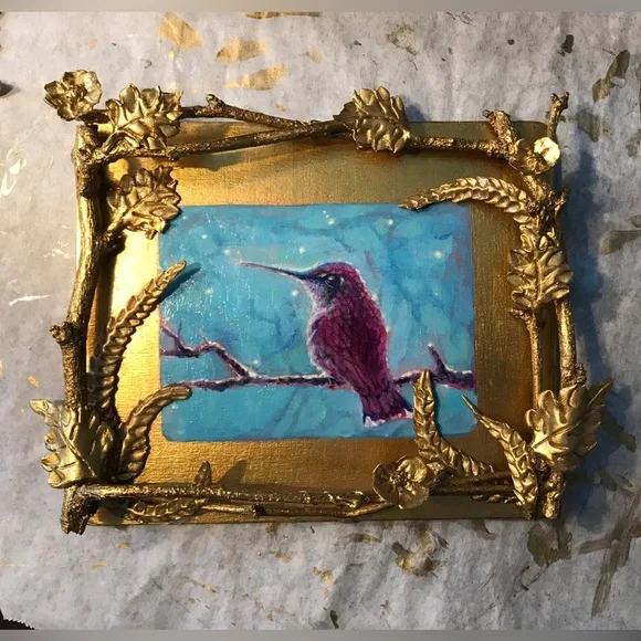 Magenta hummingbird original painting sculpture bird artwork Ooak fantasy art - Picture 1 of 8